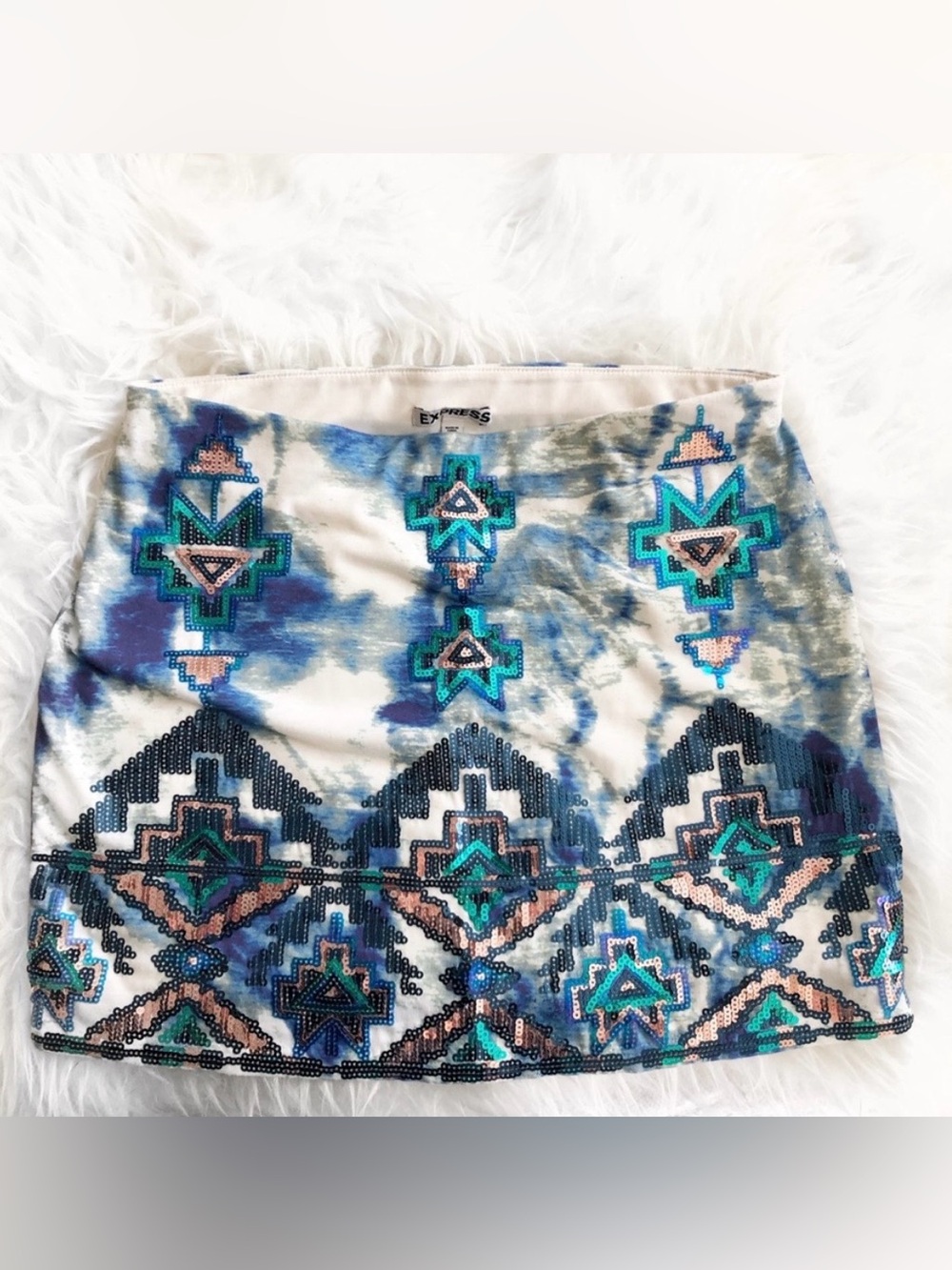 Express Blue, Teal & White Embellished Geometric Mini Skirt. Size XS